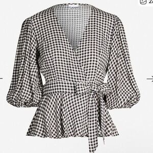 Ganni Black and White Gingham Wrap Blouse